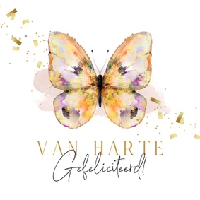 Stijlvolle verjaardagskaart watercolor vlinder confetti goud