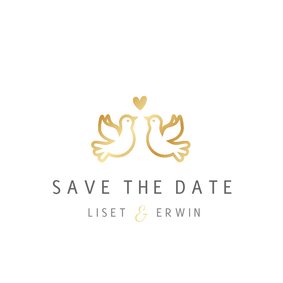 Stijlvolle witte Save the Date kaart met gouden duifjes 