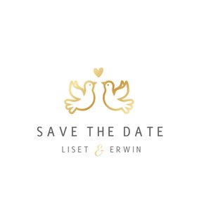 Stijlvolle witte Save the Date kaart met gouden duifjes 