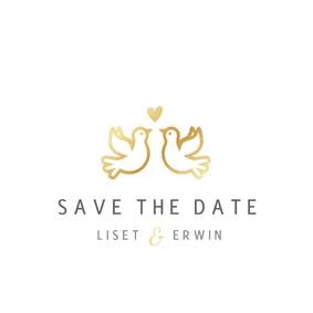 Stijlvolle witte Save the Date kaart met gouden duifjes