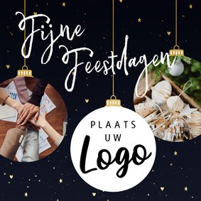 Stijlvolle zakelijke kerstkaart met kerstballen en foto's