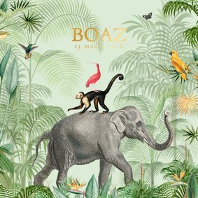 Stoer jungle geboortekaartje jongen met olifant goudfolie
