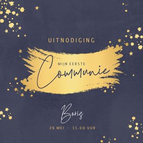 Stoere communiekaart blauw met goudkleurige verf