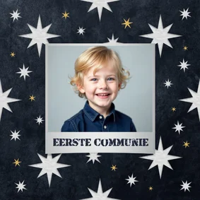 Stoere communiekaart foto sterren grijs blauw jongen