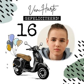 Stoere kaart met geïllustreerde scooter en ballonnen