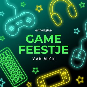 Stoere uitnodiging game feestje met neon illustraties