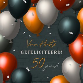 Stoere verjaardagskaart 3d ballonnen en zilveren confetti