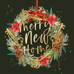 Trendy felicitatiekaart 'Merry New Home' kerstkrans sleutel