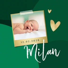 Trendy geboortekaartje stijlvol hartje goud groen foto