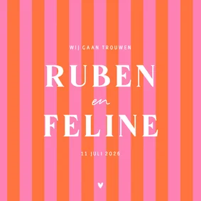 Trendy hip trouwkaartje gestreept roze oranje hartje