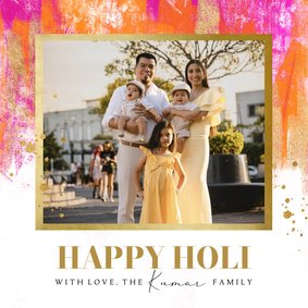 Trendy Holi kaart foto verfstrepen kleurrijk goud spetters