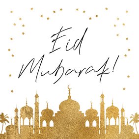 Trendy kaart Eid Mubarak islamitische stad goud sterren