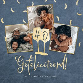 Trendy kaart met confetti, foto's en wijnglazen in goud