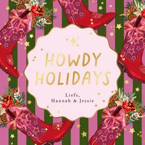 Trendy kerstkaart 'Howdy Holidays' cowboyboot botanisch goud