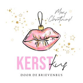 Trendy kerstkaart 'Kerst Kus' kitsch kerstbal goud sterren