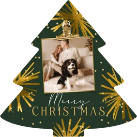 Trendy kerstkaart kerstboomvorm sterren goud foto