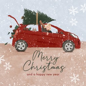 Trendy kerstkaart met illustratie auto met kerstboom