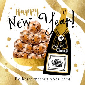 Trendy nieuwjaarskaart feestelijk goud champie oliebollen