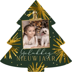 Trendy nieuwjaarskaart kerstboomvorm vuurwerk ster goud
