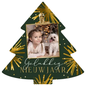 Trendy nieuwjaarskaart kerstboomvorm vuurwerk ster goud