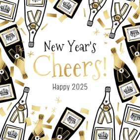 Trendy nieuwjaarskaart 'New Year's Cheers' champagne goud