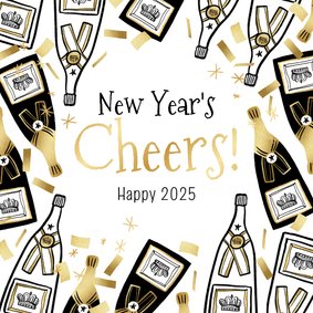 Trendy nieuwjaarskaart 'New Year's Cheers' champagne goud