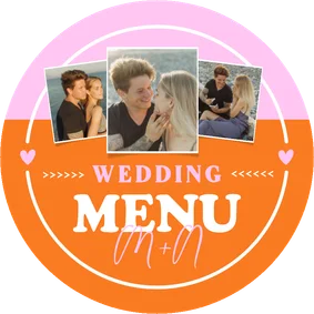 Trendy ronde colorblocking menukaart trouwen met 3 foto's 