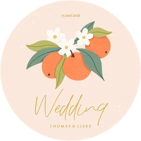 Trendy ronde trouwkaart oranje met sinaasappels