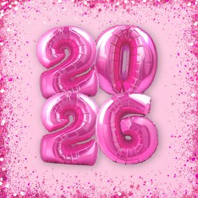 Trendy roze nieuwjaarskaart met glitters en groot jaartal