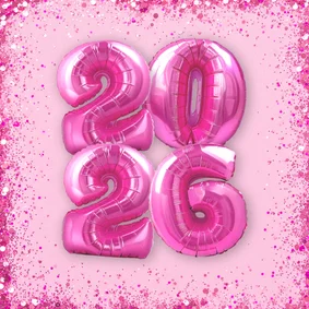 Trendy roze nieuwjaarskaart met glitters en groot jaartal