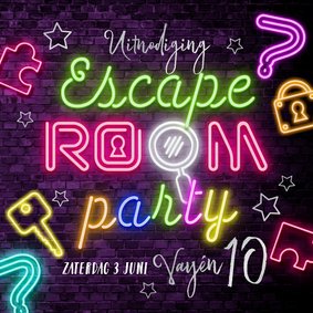Trendy uitnodiging kinderfeest escape room neon