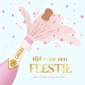 Trendy uitnodiging met roze champagnefles