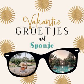 Trendy vakantiekaart ‘Groetjes uit’ zonnebril goud zon foto