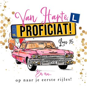 Trendy verjaardagskaart cadillac rijlessen confetti goud