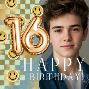 Trendy verjaardagskaart folieballon 16 foto smileys goud