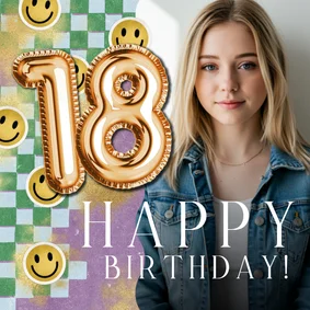 Trendy verjaardagskaart folieballon 18 jaar foto smiley goud
