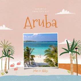 Tropische vakantiekaart Aruba flamingo's en palmbomen