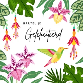 Tropische verjaardagskaart met vogel en kleurrijke bloemen