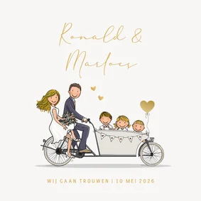 Trouwkaart bakfiets met gezin en hartjes