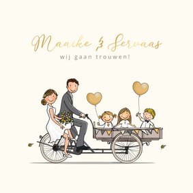 Trouwkaart bakfiets met kinderen geel