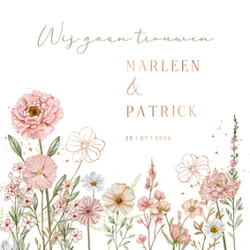 Trouwkaart bloemen in pastel 