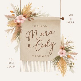 Trouwkaart bohemian bloemen pampasgras zomer strand katoen