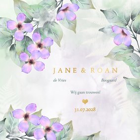 Trouwkaart botanisch lila-roze bloemen