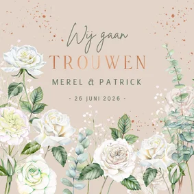 Trouwkaart botanische witte rozen