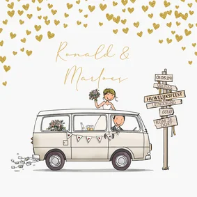 Trouwkaart busje wit met hartjes