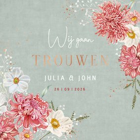 Trouwkaart dahlia en herfstanemoon op groen fluweel