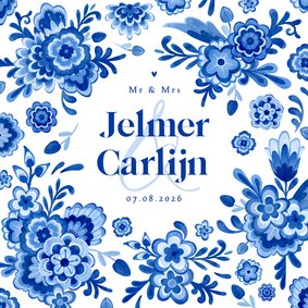 Trouwkaart delfts blauw bloemen stijlvol romantisch
