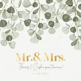 Trouwkaart eucalyptus bladeren gouden confetti hartjes