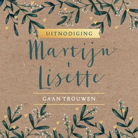 Trouwkaart eucalyptus kraftlook hartjes