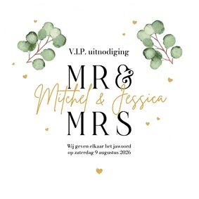 Trouwkaart eucalyptus stijlvol hartvorm hartjes uniek